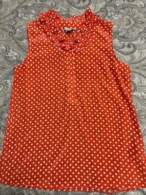 Dalia Collection Orange Polka Dot Ruffle Neck, 5 button,Sleeveless Top, Size S,